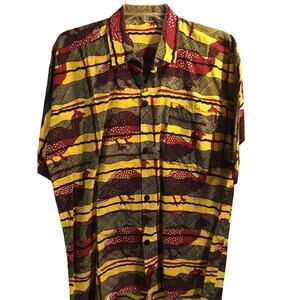 Vintage Men’s L Yellow Striped Red Bird Print Short Sleeve button Down Shirt